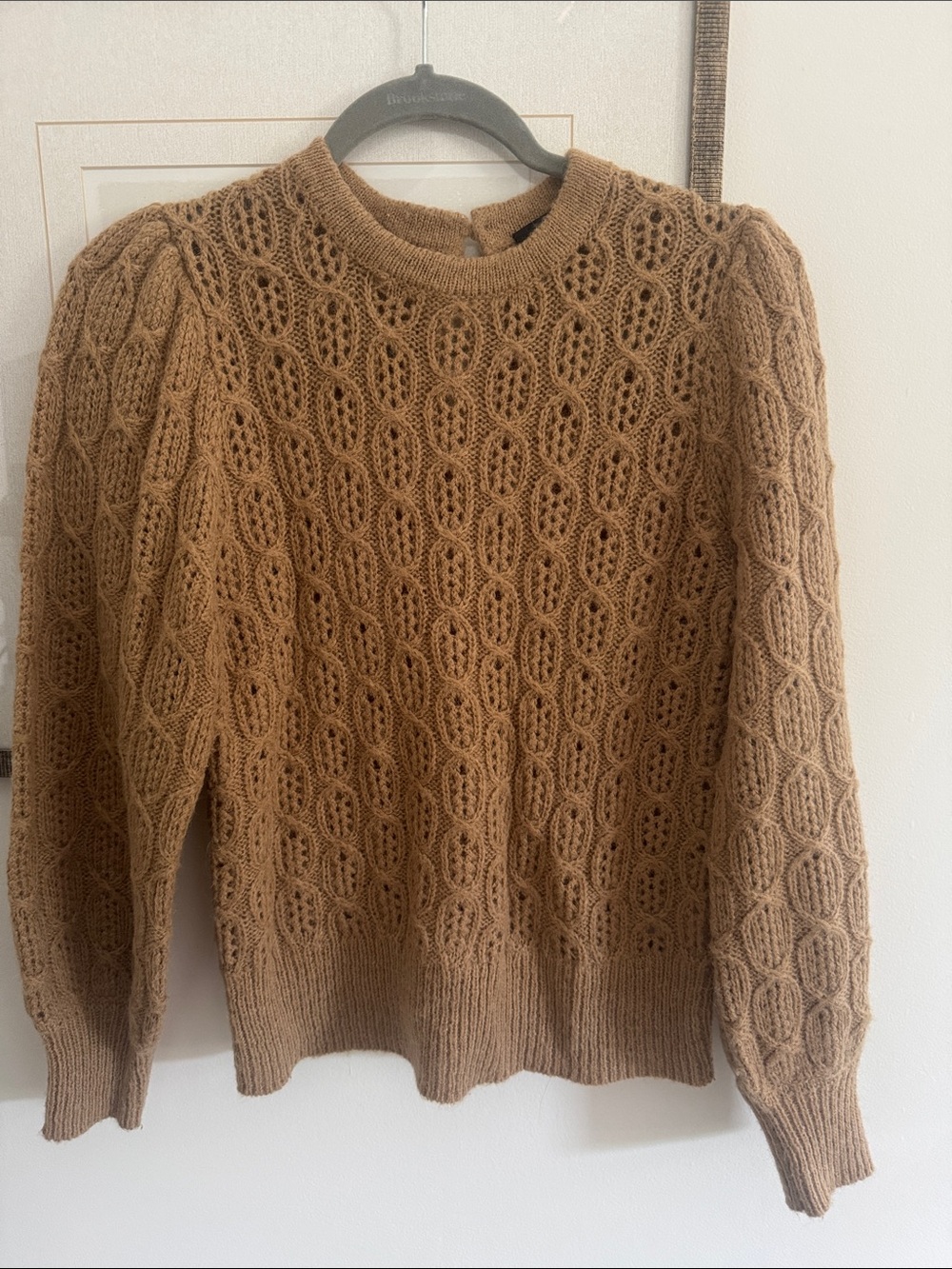 J. Crew Cable Knit Puff Sleeve Sweater in Camel Brown XS